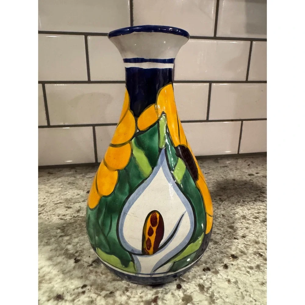 Mexican Talavera Hand Painted Sunflower Calla Lily Pottery Vase 9.5 Inch